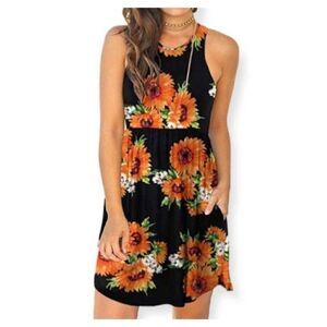 CLASSIC FASHION BLACK, ORANGE, & YELLOW SUNFLOWER DRESS SZ.S NWT.